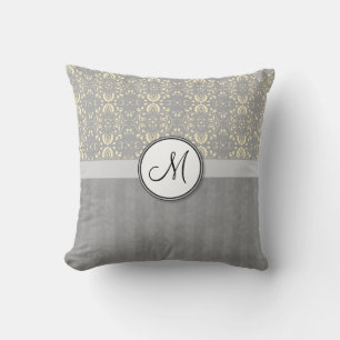 Elfenbein auf Silber-Damask und Streifen mit Monog Kissen