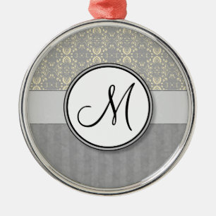 Elfenbein auf SilberDamast und Streifen mit Monogr Ornament Aus Metall