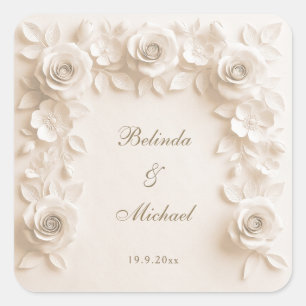 Elfenbein Barock Blumenrosen Rahmen Hochzeit Quadratischer Aufkleber