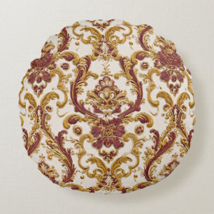 Elfenbein-Barockornament mit Gold und Burgunderrot Rundes Kissen