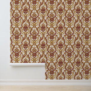 Elfenbein-Barockornament mit Gold und Burgunderrot Tapete