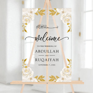 Elfenbein Blumen Gold Muslimische Hochzeitsbegrüßu Acrylschild