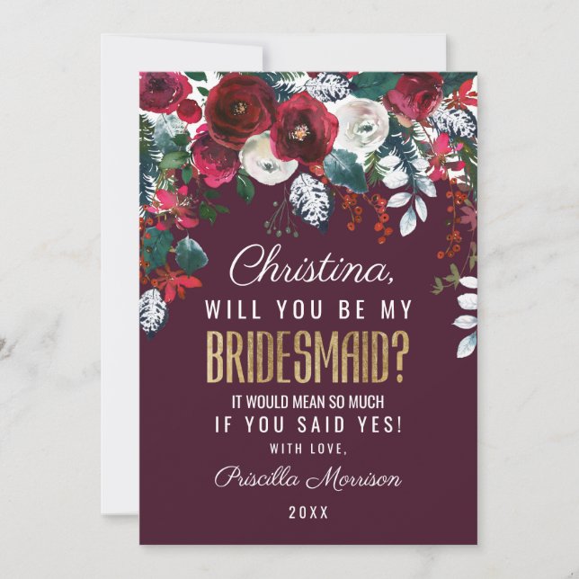 Elfenbein-Blumengesteck-Brautjungfer Burgunders Einladung (Vorderseite)
