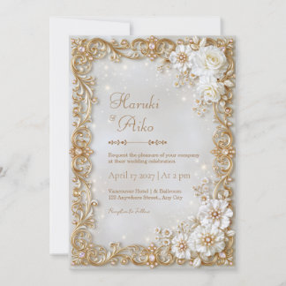 Elfenbein-Blüten-Gold-Filigran-Rahmen-Hochzeit Einladung