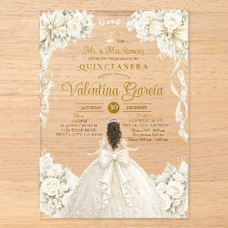 Elfenbein-Bogen-Blumen-Quinceañera-Sweet-16-Geburt Acryleinladungen
