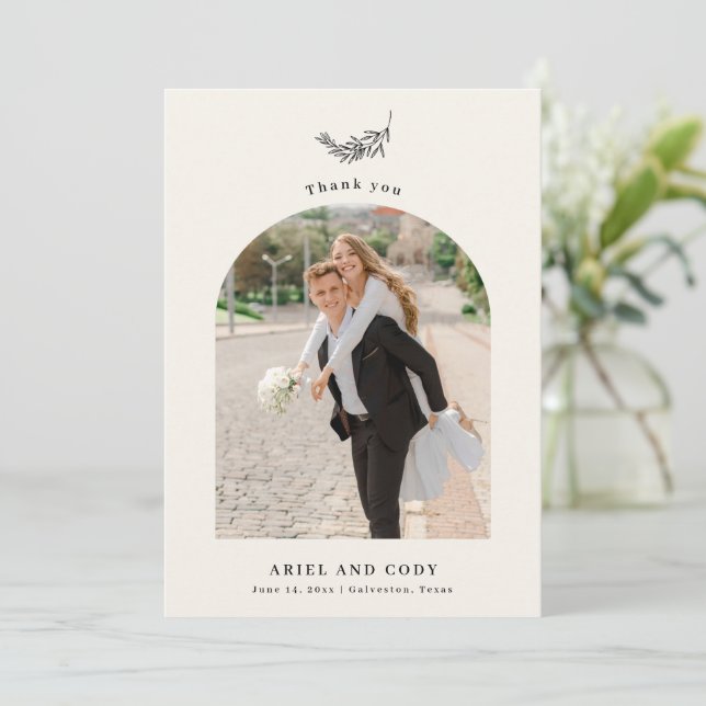 Elfenbein | Boho Arch Wedding Foto Dankeschön Kart Dankeskarte (Stehend Vorderseite)