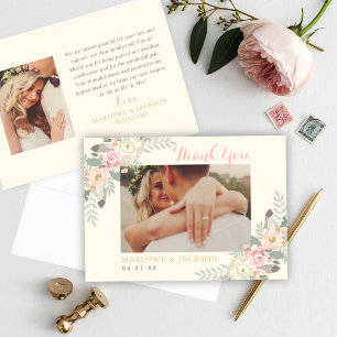 Elfenbein Boho Blumenfeder Hochzeitsfoto Dankeskarte