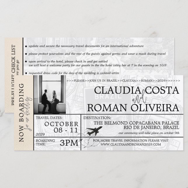 Elfenbein Brasilien Hochzeit Boarding Pass Einladu (Vorne/Hinten)