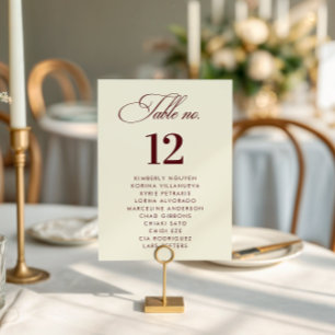 Elfenbein-Burgunder-Sitzplan-Namen-Hochzeitsschild Tischnummer