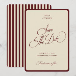 Elfenbein & Burgunder Streifen-Rand Retro-Hochzeit Save The Date