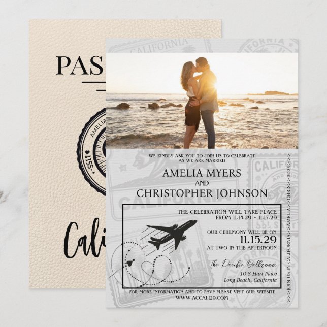 Elfenbein California Passport Wedding Einladung (Vorne/Hinten)