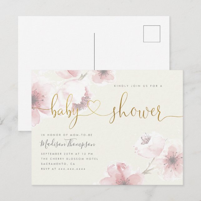 Elfenbein | Cherry Blossom Gold Floral Baby Dusche Einladungspostkarte (Vorne/Hinten)