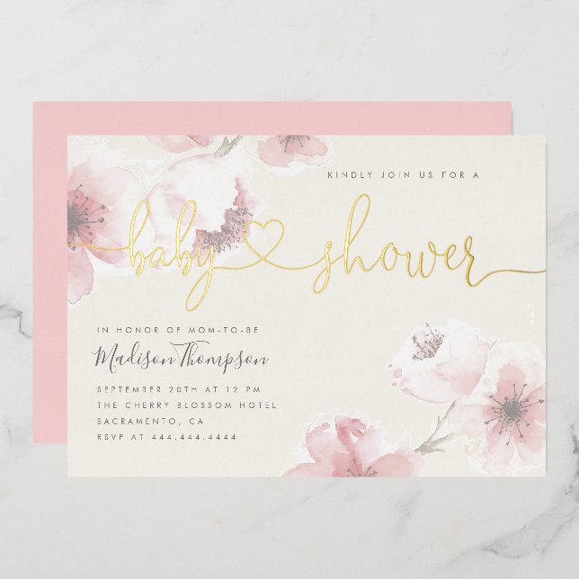 Elfenbein | Cherry Blossom Gold Floral Baby Dusche Folieneinladung (Vorderseite/Rückseite)
