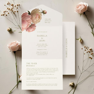 Elfenbein   Chic Moderne Rosafarbene Rosenhochzeit All In One Einladung