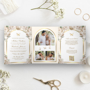 Elfenbein Creme Blumen Gold Bogen Schmetterling Ho Dreifach Gefaltete Einladung