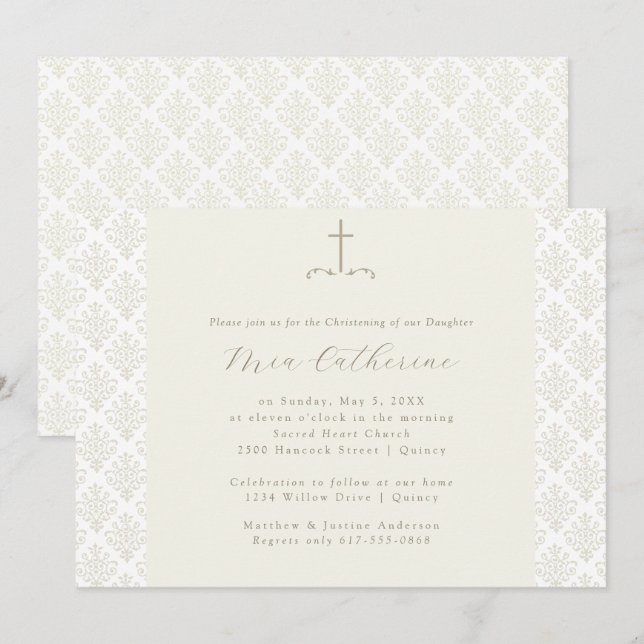 Elfenbein Damask Cream Cross Christening / Taufe Einladung (Vorne/Hinten)