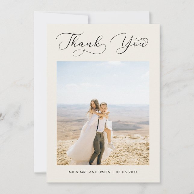 Elfenbein Delicate Calligraphy Wedding Foto Vielen Dankeskarte (Vorderseite)