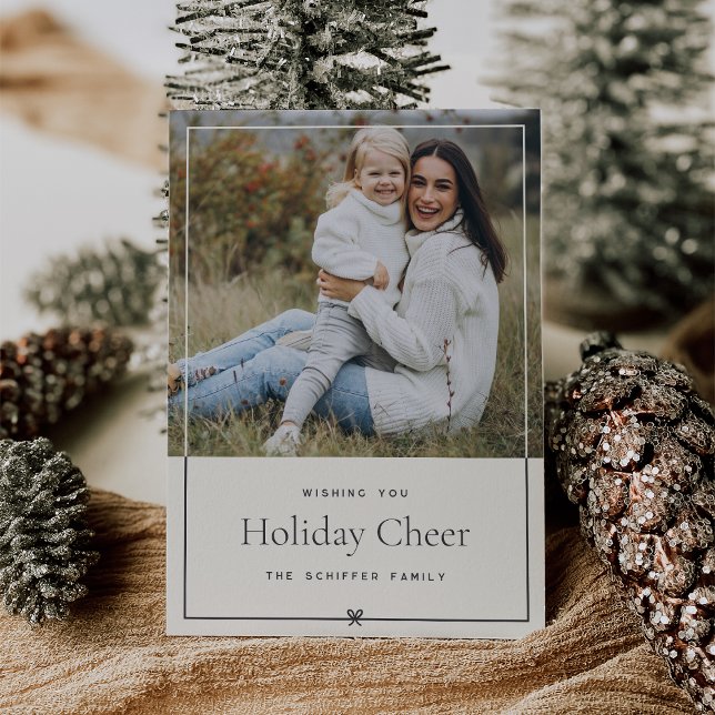 Elfenbein | Einfaches Minimal Weihnachtsbow-Foto Feiertagskarte (Von Creator hochgeladen)