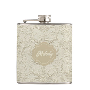 Elfenbein Embossed Floral Vinyl Wrapped Flask Flachmann
