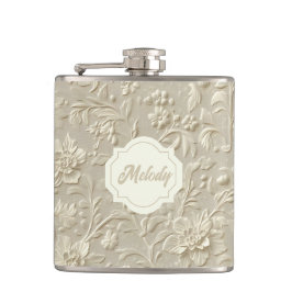 Elfenbein Embossed Floral Vinyl Wrapped Flask Flachmann