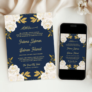Elfenbein Floral Gold Navy Blue Muslim Hochzeit Einladung