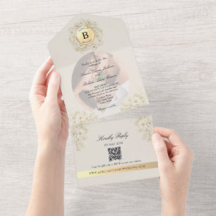 Elfenbein-Foto-Monogramm-Hochzeit All In One Einladung