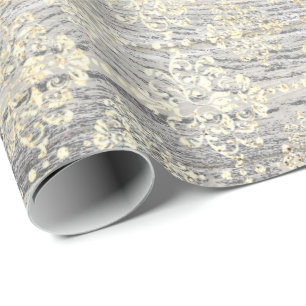 Elfenbein-Foxier metallisches Damast-Goldholz Geschenkpapier