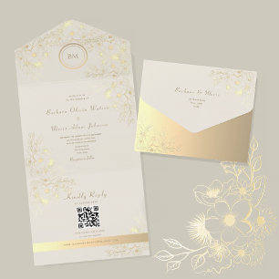 Elfenbein-Gold-Blumen-Hochzeit QR-Code All In One Einladung
