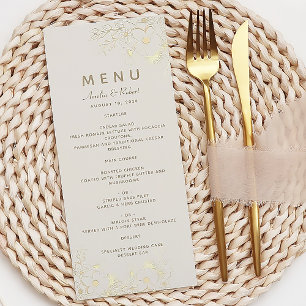 Elfenbein-Gold-Blumen-Hochzeitsmenükarte Menükarte