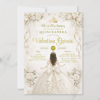 Elfenbein Gold Floral Quinceañera Prinzessin Einladung