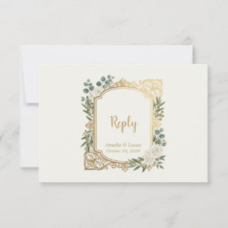 Elfenbein-Gold-Grün-Hochzeits-Antwortkarte Elegant RSVP Karte