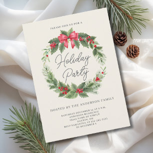 Elfenbein-Grau-Aquarell-Stechpalme-Festparty Einladung