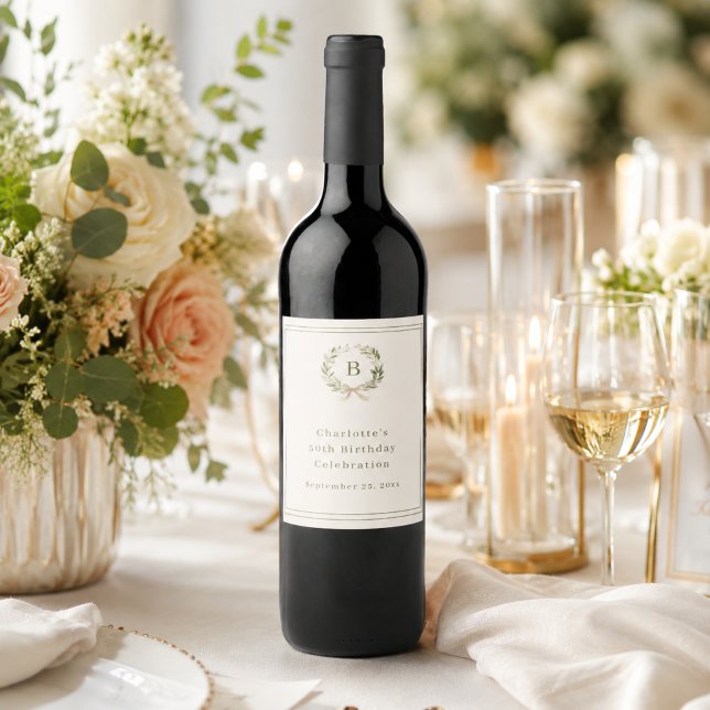 Elfenbein-grüner Monogramm-Kranz Geburtstag Weinetikett (Von Creator hochgeladen)