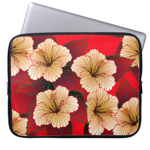 Elfenbein-Hibiskus-Blume nahtlos auf rotem Muster Laptopschutzhülle