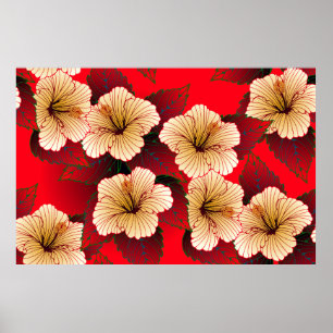 Elfenbein-Hibiskus-Blume nahtlos auf rotem Muster Poster