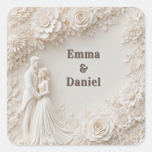 🤍 Elfenbein Hochzeit Blumen Silhouette Rahmen🤍 Quadratischer Aufkleber