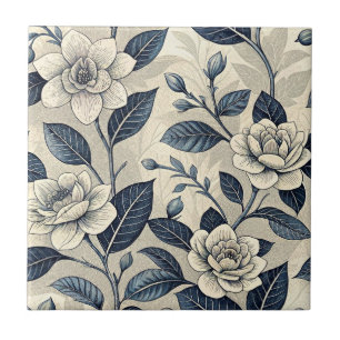Elfenbein-Kamelie Indigo-Blau Chinoiserie Botanik Fliese