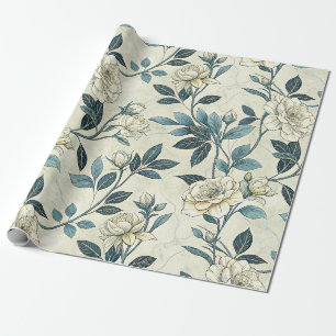 Elfenbein-Kamelie Indigo-Chinoiserie Botanik Geschenkpapier