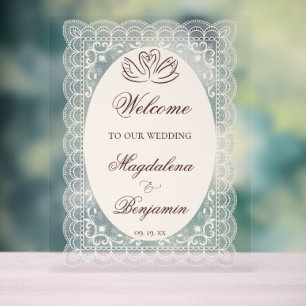 Elfenbein-Lace-Hochzeit mit eleganten braunen Schw Acrylschild