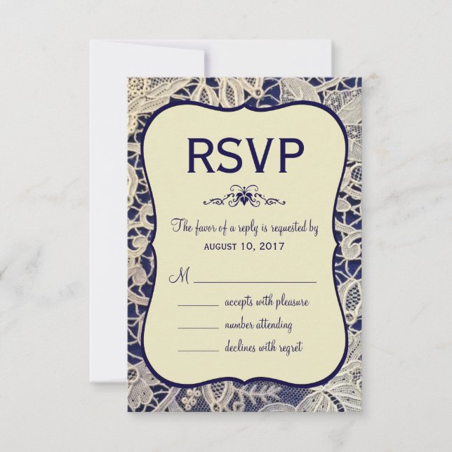 Elfenbein Lace Navy - Formal Hochzeitsreaktion RSVP Karte (Vorderseite)