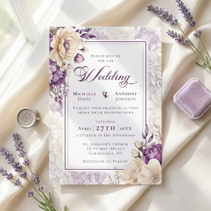 Elfenbein-Lavendel-Botanische Hochzeit Einladung