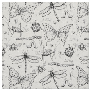 Elfenbein Leinen Elegante Insekten Illustrationsmu Stoff