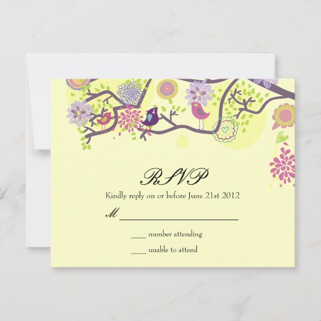 Elfenbein liebt Vögel auf Tree Wedding RSVP Karte (Vorderseite)