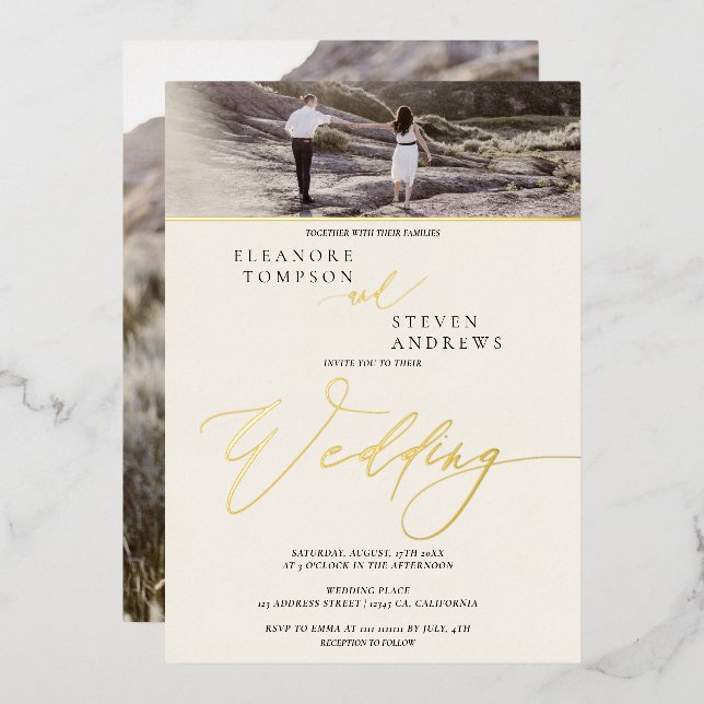 Elfenbein mit Goldschrift 2 Fotos Hochzeit Folieneinladung (Vorderseite/Rückseite)