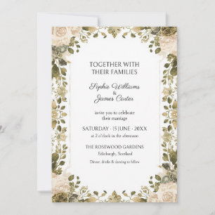 Elfenbein-Oliv-Rosen-Garten-Hochzeitseinladung Einladung