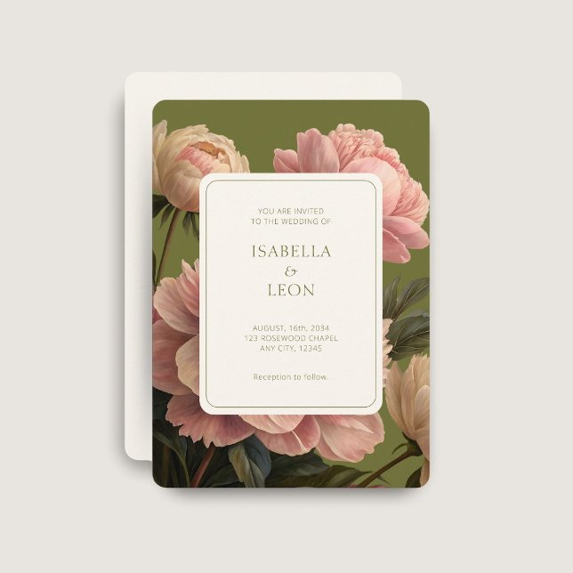 Elfenbein | Olive Green Vintag Rose Wedding Einladung (Von Creator hochgeladen)