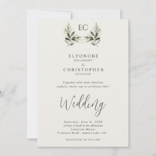 Elfenbein Olivenzweig Monogramm Foto-Hochzeit  Einladung