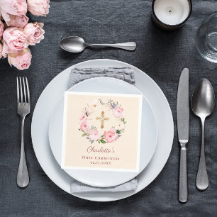 Elfenbein-Rosa-Blumenkranz Erste Kommunion Serviette