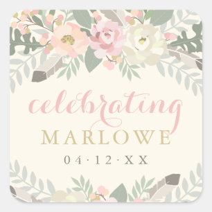 Elfenbein-Rosa-Gold-Blumen-Feiern-Braut-Monogramm Quadratischer Aufkleber