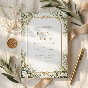 Elfenbein-Rosa-Ornamentale-Gold-Rand-Hochzeit Einladung